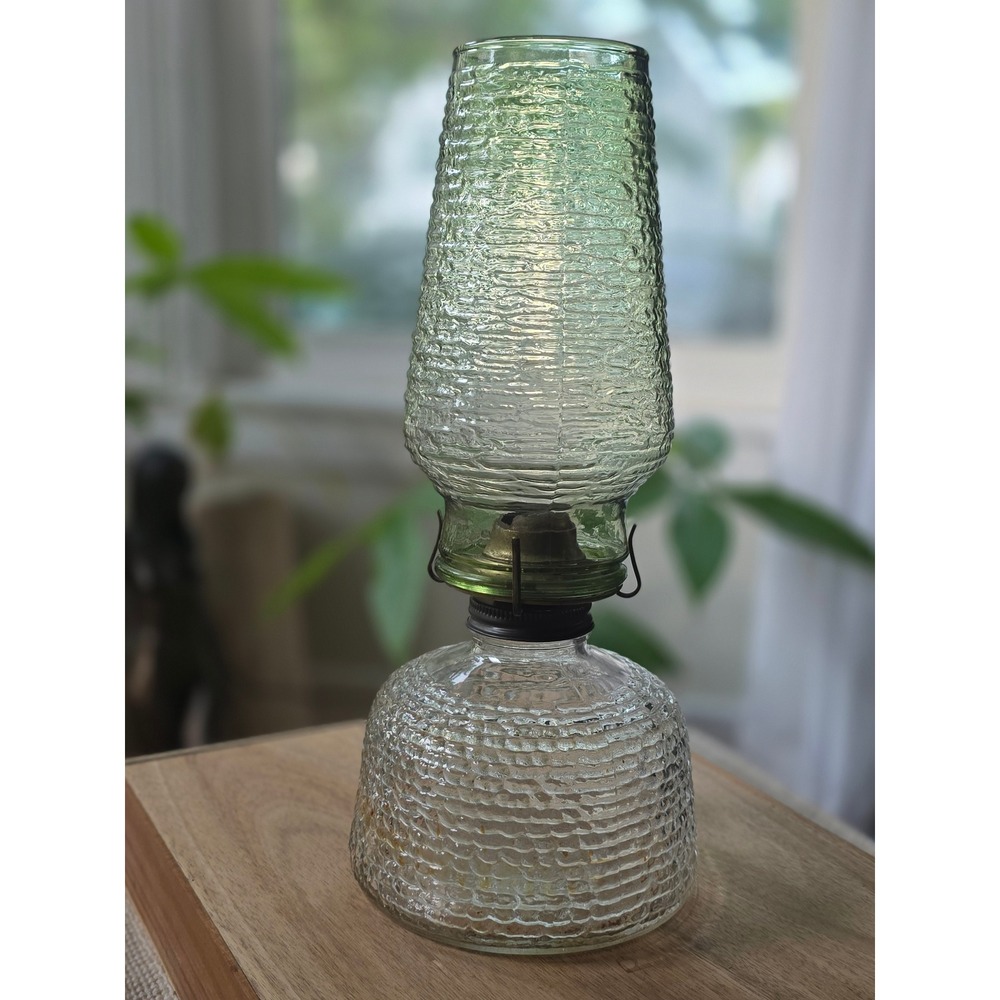 VTG MCM Anchor Hocking Soreno Green & Clear Glass Oil Patio Lamp